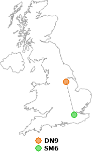 map showing distance between DN9 and SM6