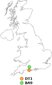 map showing distance between DT1 and BA9
