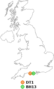 map showing distance between DT1 and BH13