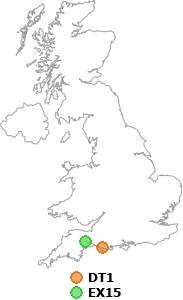 map showing distance between DT1 and EX15