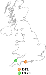map showing distance between DT1 and EX23