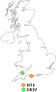 map showing distance between DT1 and EX37