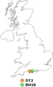 map showing distance between DT2 and BH18