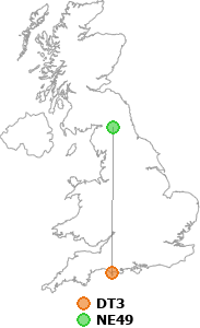 map showing distance between DT3 and NE49