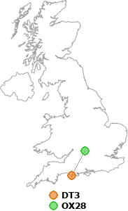 map showing distance between DT3 and OX28