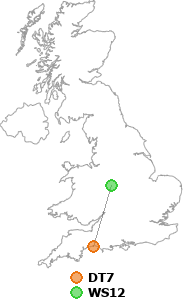 map showing distance between DT7 and WS12