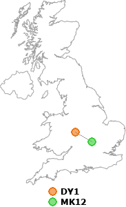 map showing distance between DY1 and MK12