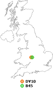 map showing distance between DY10 and B45