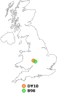 map showing distance between DY10 and B98