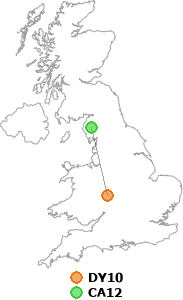 map showing distance between DY10 and CA12