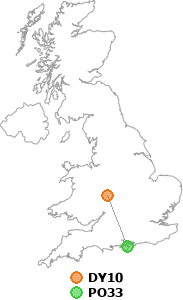 map showing distance between DY10 and PO33