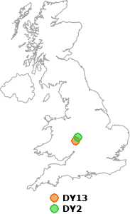 map showing distance between DY13 and DY2