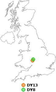 map showing distance between DY13 and DY8