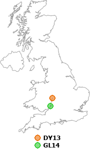 map showing distance between DY13 and GL14
