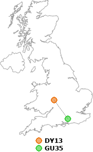 map showing distance between DY13 and GU35