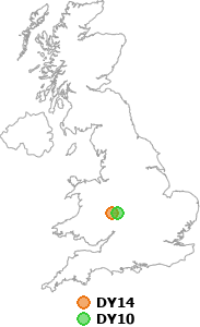 map showing distance between DY14 and DY10