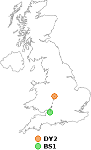 map showing distance between DY2 and BS1