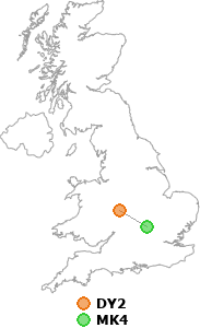 map showing distance between DY2 and MK4