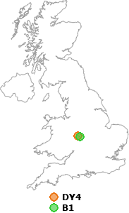 map showing distance between DY4 and B1
