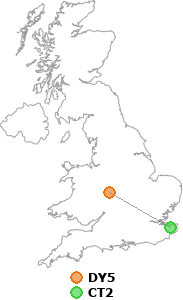 map showing distance between DY5 and CT2