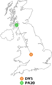 map showing distance between DY5 and PA20
