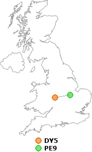 map showing distance between DY5 and PE9