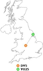 map showing distance between DY5 and YO25