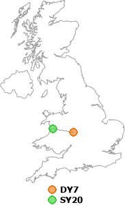 map showing distance between DY7 and SY20
