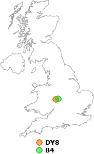 map showing distance between DY8 and B4