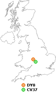 map showing distance between DY8 and CV37