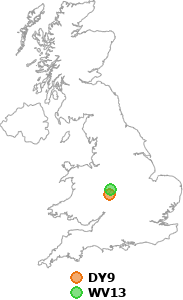map showing distance between DY9 and WV13