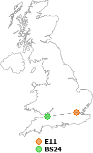 map showing distance between E11 and BS24