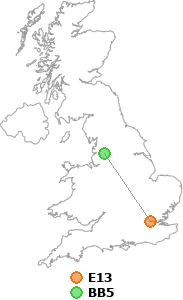 map showing distance between E13 and BB5