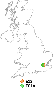 map showing distance between E13 and EC1A