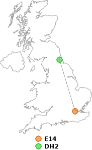 map showing distance between E14 and DH2