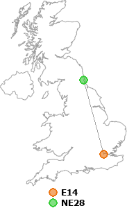 map showing distance between E14 and NE28