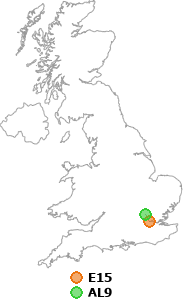 map showing distance between E15 and AL9