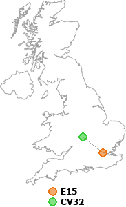 map showing distance between E15 and CV32