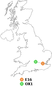 map showing distance between E16 and OX1