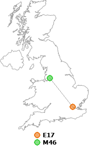 map showing distance between E17 and M46