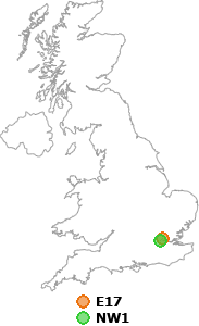 map showing distance between E17 and NW1