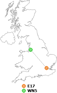 map showing distance between E17 and WN5