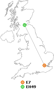 map showing distance between E7 and EH49