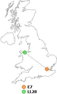 map showing distance between E7 and LL28