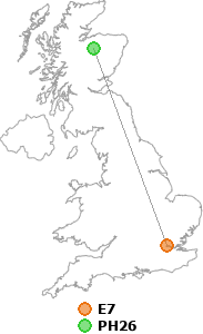 map showing distance between E7 and PH26