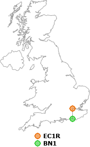 map showing distance between EC1R and BN1