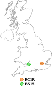 map showing distance between EC1R and BS15