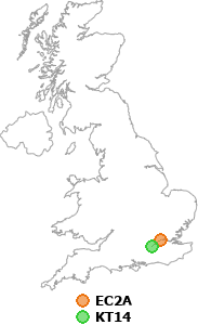 map showing distance between EC2A and KT14