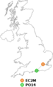 map showing distance between EC2M and PO14