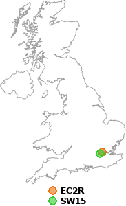 map showing distance between EC2R and SW15
